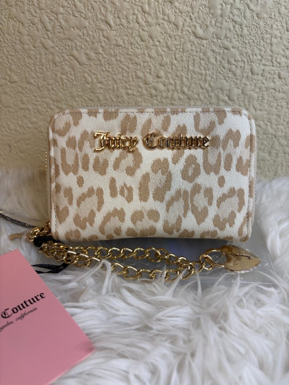 Juicy Couture Locket Love Double Zip Wallet Crystal Leopard Chain Charm NWT